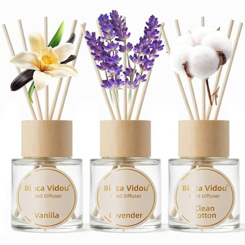 Reed Diffuser Set of 3, Binca Vidou Lavender,Vanilla,Clean Cotton Natural Scent Oil Diffusers with Sticks for Home Office Bathroom Aromatherapy Decor, 50ml x 3