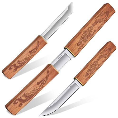 Purple Dragon 2-in-1 Doppelmesser Outdoor, Tanto Messer mit Scheide, D2 Stahl Outdoor Survival Messer mit Holzgriff, für Camping, Bushcraft, Geschenke füR Männer, Khaki