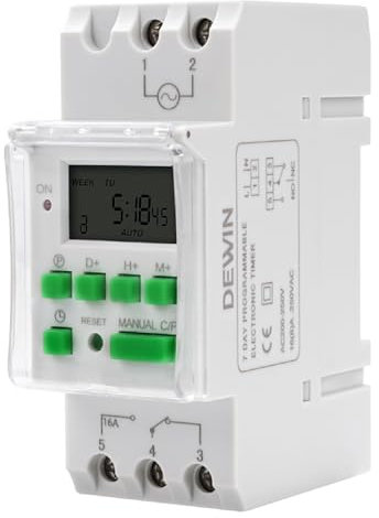 DEWIN Minuterie Numérique for Rail DIN, Minuterie électronique Hebdomadaire Programmable AC 230V 16 Programmes Marche/arrêt