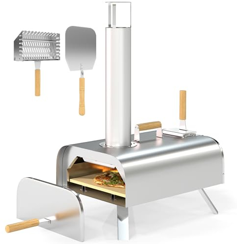Outsunny Outdoor Pizzaofen Holzbefeuerter Backofen aus Edelstahl, Pizza Ofen mit 1cm dick Pizzastein Deckel Tragbare Pizzaöfen mit Klappbein Pizzaschaufel Holzofen für Garten Party Camping