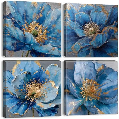 4 piezas Cuadros decorativos de amapolas en acuarela de blau blumen para el cuarto de baño. decoración abstracta de pared en azul y dorado florales modernos láminas en lienzo arte botánico 12 x 12”