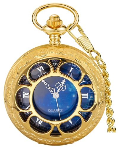 Tiong Men's Pocket Watch Floral Case Hollow Steampunk Blue Starry Sky Dial Roman Numerals Gold Pocket Watches with Chain
