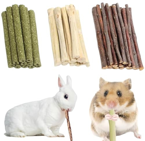 EJRUP 3 Types Bâtons à Mâcher en Bois, Pet Broyage Jouets, Pomme Bâtons Snack pour animaux de compagnie, Bâtons Lapin,pour cochons d'Inde, Chinchilla, Écureuil Lapins Perroquet Hamster(200g)