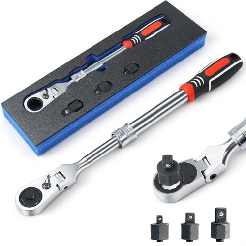 Wakuka Extendable Ratchet Wrench Set, 72-Tooth Long Socket Wrench Ratchet with 1/4 3/8 1/2 Socket Drive Adapat, 180° Flex-Head Ratcheting Set with Soft Grip Handle for Men Mechanic Hand Tools