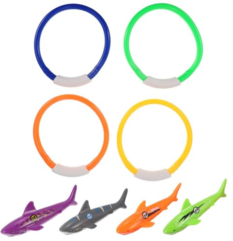VICASKY 8 Pezzi Giocattoli Subacquei per Anelli da Immersione Morbidi e Squali da Piscina Colorati, Bordi Lisci per Sicurezza, per Giochi e Allenamento Natatorio Estivo