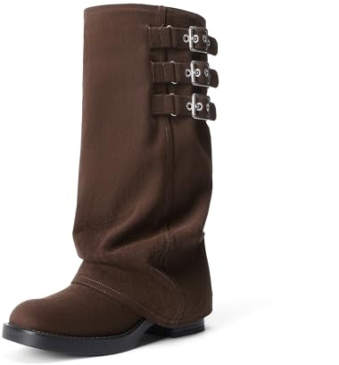 DREAM PAIRS Fold-over Knee High Boots Comfort Low Heel Wide Calf Slouchy Boot Stylish Buckle Long Tall Boots for Women,Size 6,Dark Brown,SDKB26007W