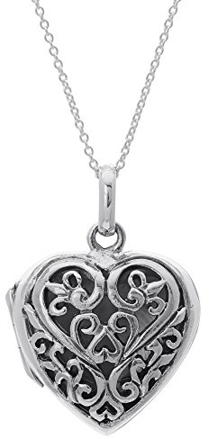 Silverly Sterling Silver Filigree Heart Locket Necklace for Women - Ornate 925 Silver Fleur De Lis Pendant on 18 Curb Chain - Valentine's Day Gift - Victorian-Style Jewellery With Spiral Openwork