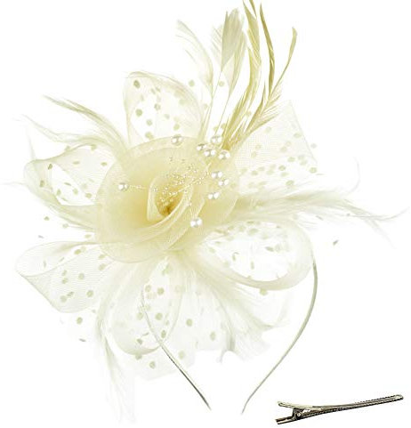 DRESHOW Fascinators Hat Flower Mesh Ribbons Feathers on a Headband and a Clip Tea Party Headwear for Girls and Women