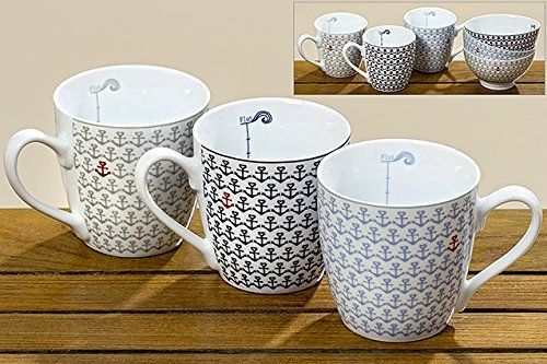 Seaside No.64 - Tasse Jumbo maritime avec petite ancre rouge - Tasse à anse en porcelaine pour café, thé - Différentes couleurs - Ligne de remplissage intérieure - 400 ml (gris)