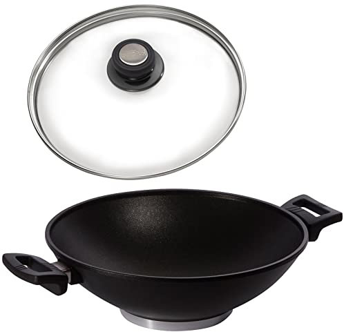 Eurolux Wok Ø 32 cm Set Induktion mit Deckel (Edelstahlrand) - induktive große Guss-Wokpfanne mit Antihaft-Beschichtung - 2 Seitengriffe - Made in Germany