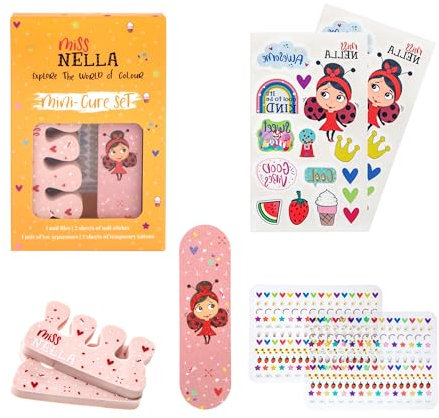 Miss Nella NAIL KIT Maniküre- und Pediküre-Set für Kinder mit Nagelsticker, Tattoos, Nagelfeile und Zehenspreizer speziell für Kinderhände und -füße