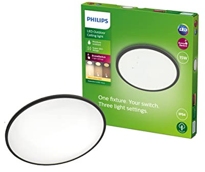 Philips Superslim Deckenleuchten für den Außenbereich, 15 W, 2700 K warmweiß, Szenenschalter stufenweise dimmbar, wasserbeständig, schwarz, IP54 wetterbeständig