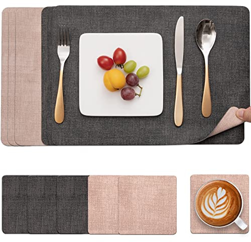 Myir JUN Table Mats Placemats and Coaster Sets 6 Place Mats for Table | Dual-Sided Faux Leather Table Mats Heat-Resistant Waterproof Non-Slip 43 x 30 cm for Kitchen Dining Indoor Outdoor(Grey Pink)
