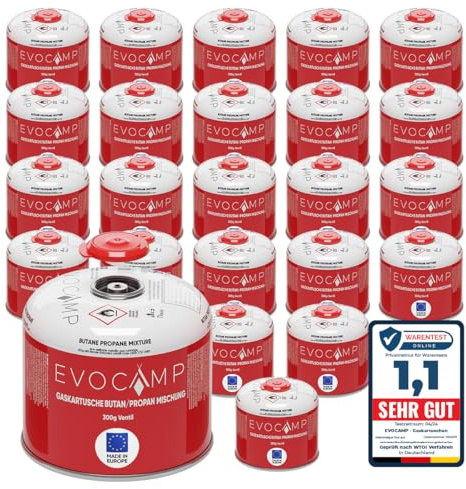 EVOCAMP 24x Propan Butan Gaskartuschen 300g, Schraubventil Eurogewinde 7/16, Ventilkartuschen 539ml mit Sicherheits-Verschlussautomatik, Gaskartuschen einsetzbar für Weber Grills Q100/1200-Serien
