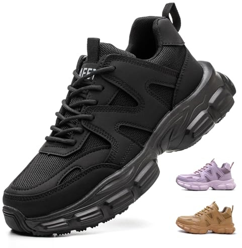 Zapatos de Seguridad para Mujer Ligeros Comodos Zapatillas de Trabajo con Punta de Acero Antideslizantes Calzado de Seguridad Deportivo C01 Negro/36