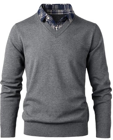 OlyljpinZ Herren 2 in 1 Hemd Kragen Pullover Langarm Feinstrick Casual Business Strickpullover Slim Fit Männer Winterpullover Fleece gefüttert Warm Strick Top Sweatshirt