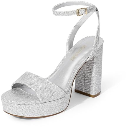 DREAM PAIRS Sandali da donna con tacco alto e plateau, spessi, rotondi, con cinturino alla caviglia, eleganti, per feste, balli e matrimoni, Argento lucido, 38.5 EU