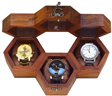 Royal Craft Expertise Boîte à montres de luxe en bois nid d'abeille pour homme – Boîtier de présentation en bois de rose foncé avec couvercle en verre | Boîte de rangement élégante en bois – Cadeau de