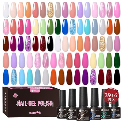 UR SUGAR 45Pcs Vernis Semi Permanent, 39 Couleurs Paillettes Pastel Blanc Bleu Lot Vernis Gel U V Semi Permanent Printemps été, Vernis à Ongles avec Base et Brillant Matte Top Coat Manucure Kit