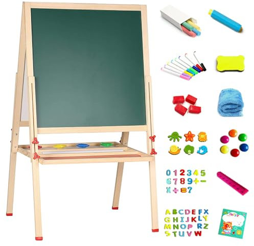 Tableau noir double face, Chevalet Enfant en Bois Réglable en Hauteur Tableau Blanc avec Craie Aimants Cadeau de Jouet Educatif Créatif pour Garçon Fille de 3+ Ans 57 * 55 * 148CM