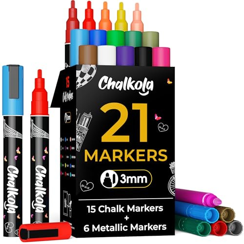 Chalkola Rotuladores de Tiza Extra Finos para Pizarra y Cristal (Pack de 21, Punta 3mm) | Marcadores para Ventanas, Rotuladores de Tiza Líquida para Pizarra Blanca, Coche, Calendario | Borrables