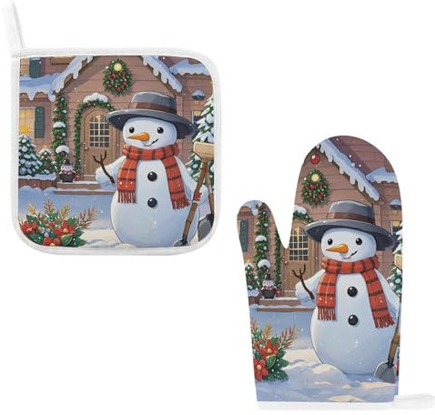 Oven Mitts and Pot Holders 2 PCS Set Heat Resistant Kitchen Oven Gloves and Hot Pads Garden Hut Snowman Kitchen Mittens Non-Slip Potholder for Baking Cooking BBQ