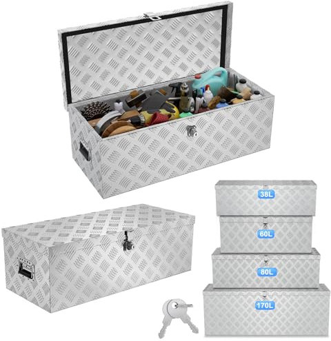 ACXIN Caja de almacenamiento de aluminio 762 x 330 x 244 mm, caja de herramientas de aluminio con cerradura y 2 llaves, robusta caja de barras de remolque con cerradura para el remolque, estable e