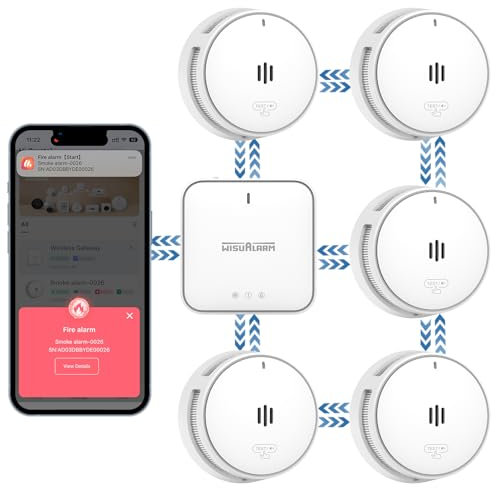 Detecteur De Fumée Intelligent avec Passerelle, Détecteur De Fumée pour La Maison, Wisualarm APP Notificaiton Push, Batterie Scellée De 10 Ans, EN14604 (5*détecteur De Fumée+1*passerelle)