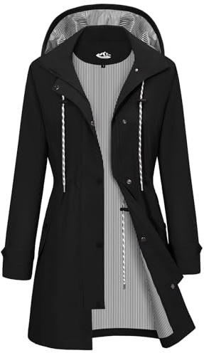 CMTOP Waterproof Jackets Women Windproof Hooded Coat Functional Outdoor Raincoat Casual Lightweight Windbreaker with Pockets Autumn Winter Jacket for Hiking Cycling(Black, L)