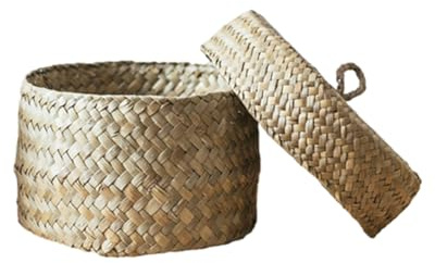 Cesta de almacenamiento de hierba marina – Cestas de mimbre | Cesta de almacenamiento pequeña | Cestas cilíndricas tejidas | Pequeñas para | Estante con tapa a prueba de polvo | Organizador de