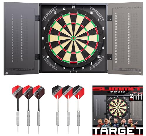 Target Darts Summit Armadio and Slim Bersaglio Set | Set Completo per Freccette | Include Cabinet e Bersaglio, Freccette in Ottone con Punta in Acciaio, Abbonamento di 1 Mese All'app Dartcounter