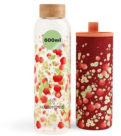 waterdrop® Borraccia in Vetro 600ml – Borraccia Personalizzata con Tappo in Bambù, Custodia Neoprene, Antigoccia, BPA Free – Borracce Design per Sport, Ufficio, Viaggio, Casa