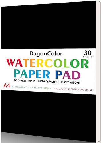 DagouColor Watercolor Paper Pad, 30 Sheets, 140lb/300gsm Cold-Pressed Paper, Artist Book for Adults Beginners, Painting, Drawing, Mixed Media - Black, A4, 1 Pack