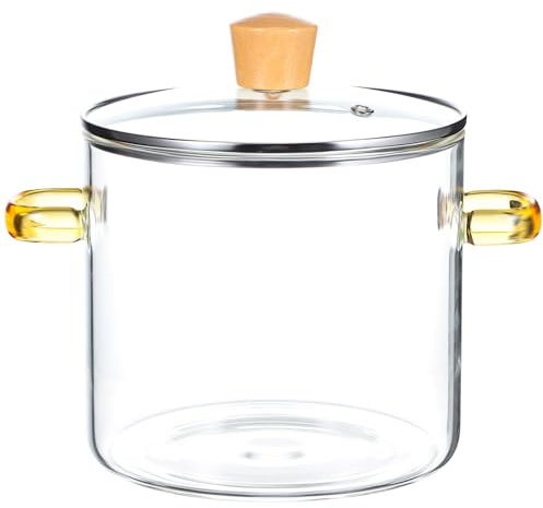 JECOMPRIS Olla de Vidrio Transparente para Cocinar a Fuego Lento 2300 Ml Doble Asa Vidrio Resistente al Calor Utensilios de Cocina para Sopa y Guisos Tapa de Madera para Uso Familiar
