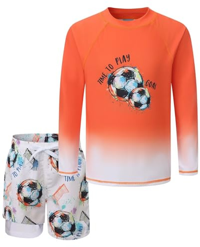 Boys Swim Set Long Sleeve Rash Vest Kids Two Piece Swimming Costume with Board Shorts Boys Rash Guard Swimsuit Age 5-6 Years