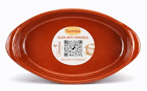 Fuente Besuguera de Barro para Horno 44 cm con Asas – Fuente Ovalada Refractaria Grande para Asados, Pescado y Verduras – Bandeja de Barro Esmaltado Artesanal con Guía QR Cocina Tradicional