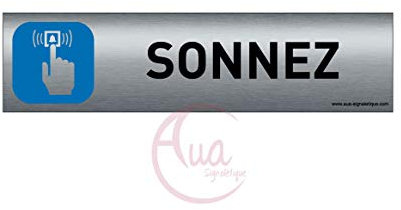 Plaque de porte aluminium brossé imprimé -Dimensions 200 x 50 mm - Double face adhésif au dos - Impression UV directement sur l'aluminium (Pas de contre collage) (Sonnez)