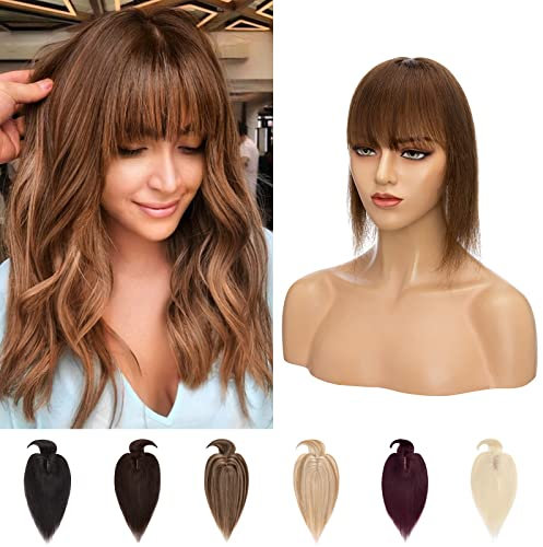 Silk-co Toupet Capelli Donna Veri con Frangetta #4 Marrone Cioccolato Extension Clip Capelli Umani Fascia Unica 33g Hair Topper 25cm