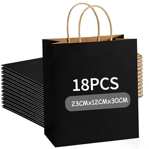Weifeng 18 pcs Black Paper Bags 9.06x4.72x11.81 Inch Gift Bags Paper Bags with Handles for Wedding Birthday Party Shopping Bags (23x12x30cm,130gsm)