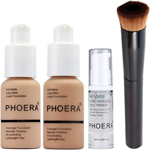 Glamza PHOERA Beauty Set (Buff Beige & Sand Matte Foundation, Face Primer & Liquid Brush)