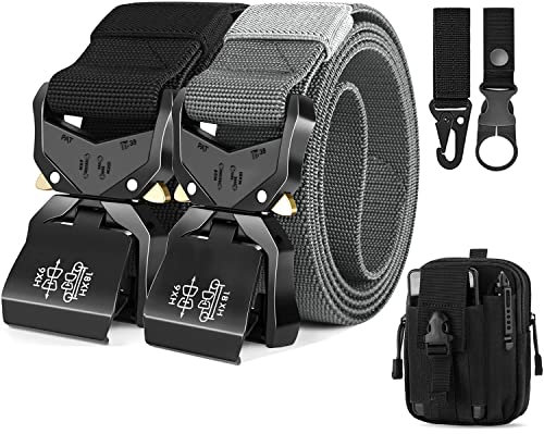 Leskyair 2er Herren Taktischer Gürtel 1,5-Zoll-Hochleistungsgürtel, Nylon Schnellverschluss-Metallschnalle, Geschenk mit taktischem Molle-Beutel und Haken (Schwarz + Grau)