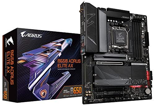GIGABYTE B650 AORUS Elite AX AMD AM5 ATX Motherboard, Support Ryzen 9000/8000/7000 Series, DDR5, 14+2+1 Power Phase, PCIe 5.0 M.2, USB-C 3.2 Gen 2, WIFI6E, 2.5GbE, EZ-Latch, Q-Flash, RGB Fusion