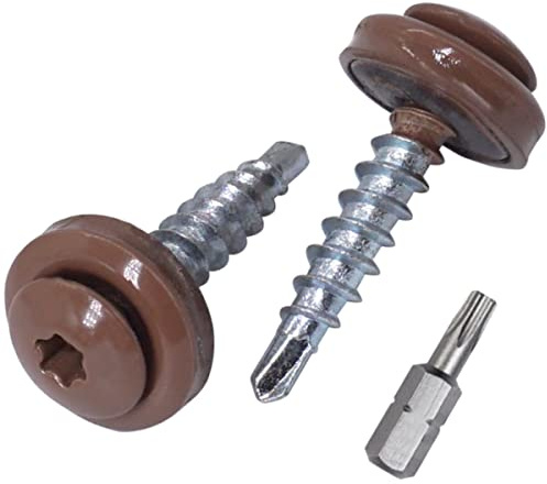 SKIR'CO (40 st) takskruvar, 4,8 x 28 mm målade självborrande skruvar med EPDM-brickor, torxhuvud (ljusbrun RAL 8025)