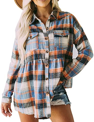 Women's Plaid Shirts Long Sleeves Button Down Peplum Babydoll Jacket Oversized Flannel Shirts Casual Pocket Blouses Tops Blue/Orange