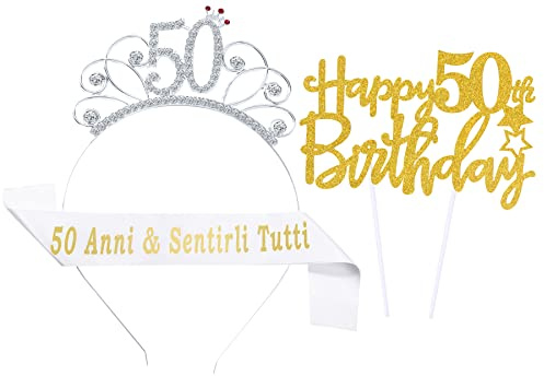 MKISHINE Corona Compleanno+50Anni Fascia E Sentirli Tutti 50Anni Cake Topper Donna Decorazioni Regalo
