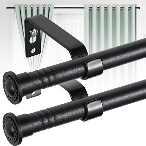 HARRMS 2 Stück Gardinenstange Ausziehbar, 16mm Vorhangstange Schwarz Matt 76-152cm, Scheibengardinenstange 1 läufig Wandmontage mit Halterungen und Endstücken für verdunklungsvorhänge Outdoorvorhänge