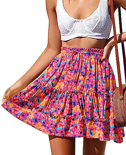 NASHALYLY Women's Summer Boho Floral Print Mini Skirt High Waist Drawstring Tiered Skirts(Flower-40,L)