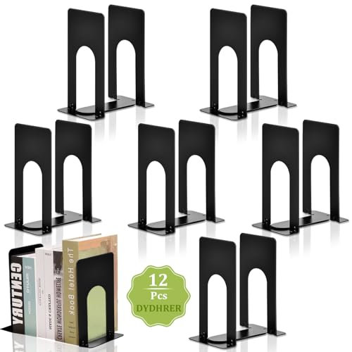 DYDHRER 6 Paar Buchstütze, Buchstützen Metall, Hochwertiges Bücherhalter, Buchstütze Schwarz, rutschfeste Buchhalter Regal für Kinder, Schule, Haus und Bibliothek-Schwarz/12 Stück(70x100x130mm)