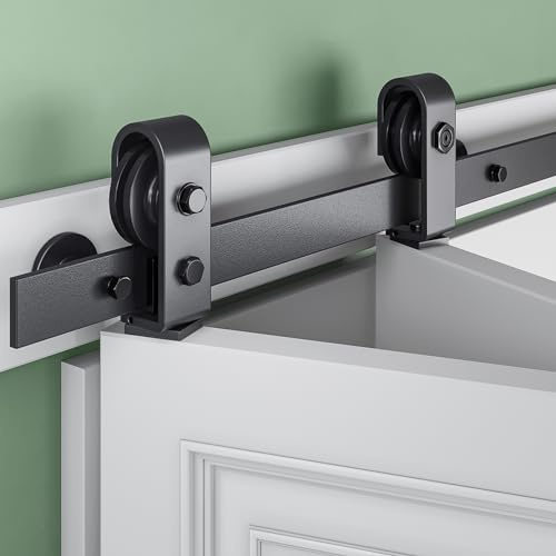 SMARTSTANDARD 28 Bifold Sliding Barn Door Hardware Kit, 2.3ft Top Mount Bi-Folding Track Kit for Double 12 Closet Pantry Laundry Doors-Smoothly and Quietly, Black [No Door]