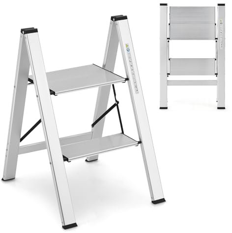 GYMAX Scala in Alluminio, Scaletta Salvaspazio e Pieghevole con Gradini e Cuscinetti Antiscivolo, Portata di 150 kg (2 Gradini - 49x44x66 cm)